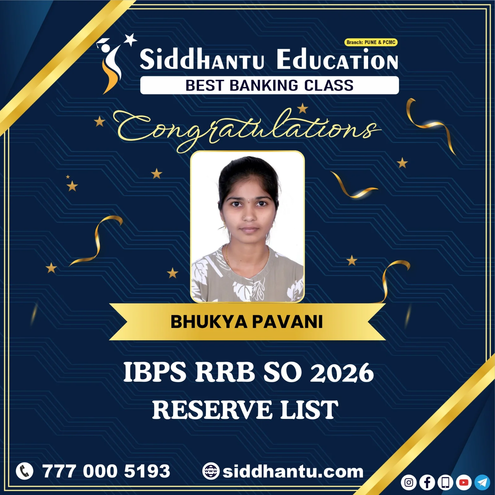 Home 39 Bhukya Pavani, student of Siddhantu Education, selected in IBPS RRB SO 2026 Reserve List from the best banking classes in Pune
