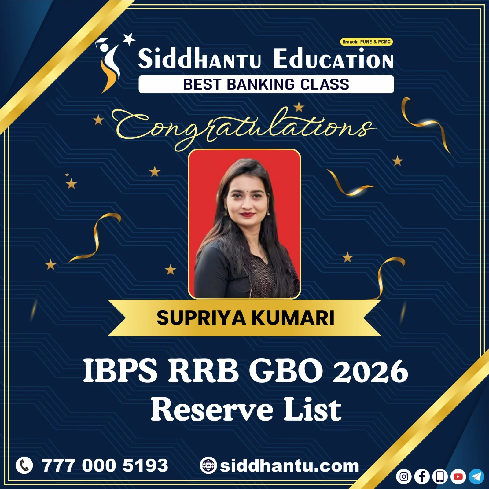 Home 61 Supriya Kumari, student of Siddhantu Education, selected in IBPS RRB GBO 2026 Reserve List from the best banking classes in Pune