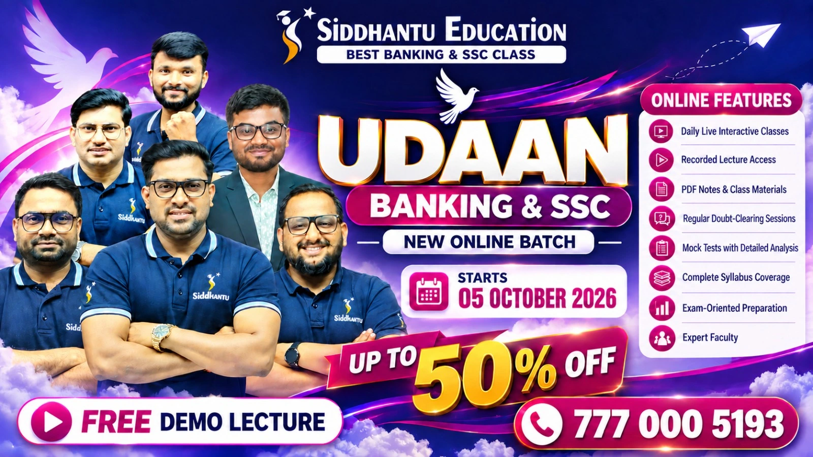 Siddhantu Education Udaan Banking and SSC online coaching batch starting October 5, 2026, with live classes, mock tests and study materials